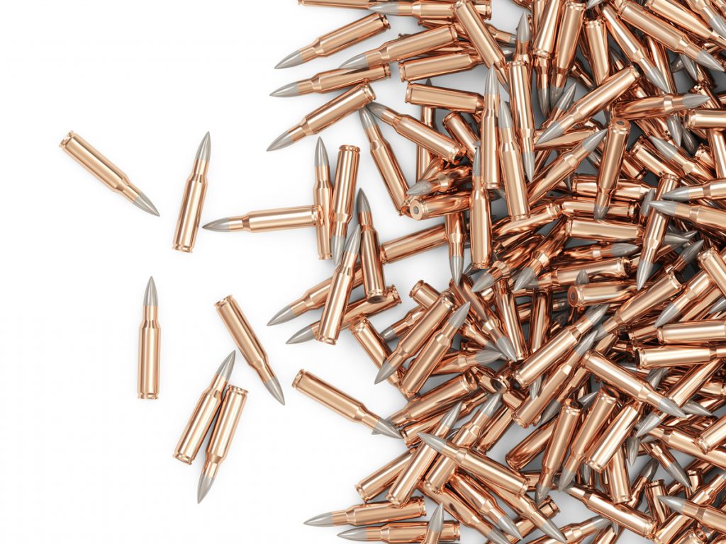 Heap of Rifle Bullet isolated on white background. Ammunition manufacturer