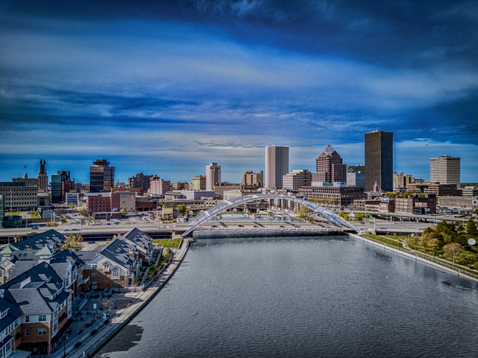 An aerial view of beautiful cityscape in Rochester, NY