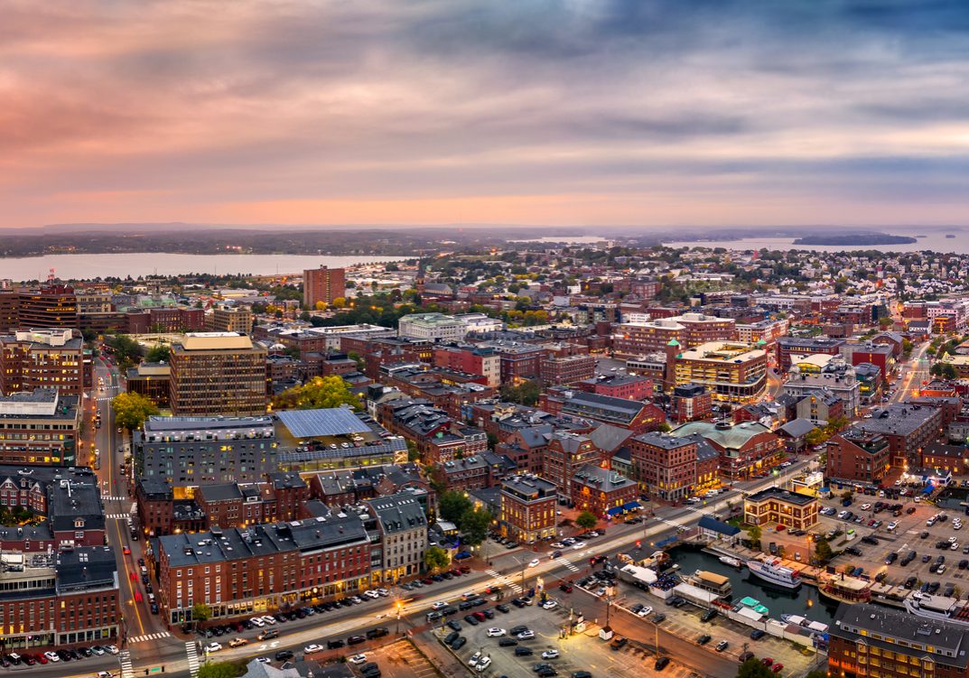 Aerial panorama of Portland, Maine at dusk