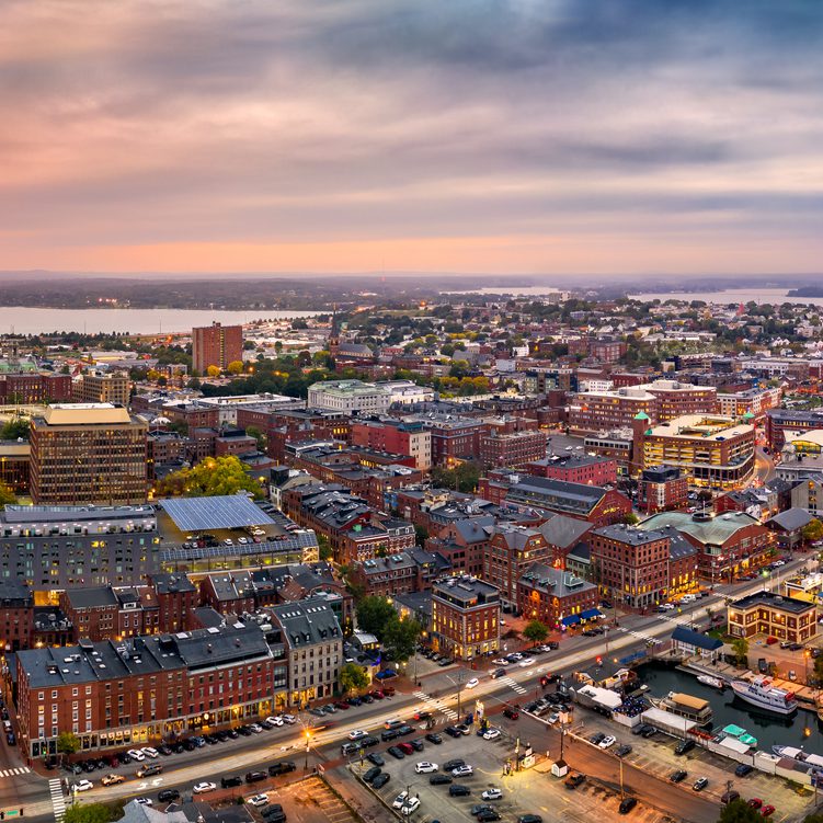 Aerial panorama of Portland, Maine at dusk