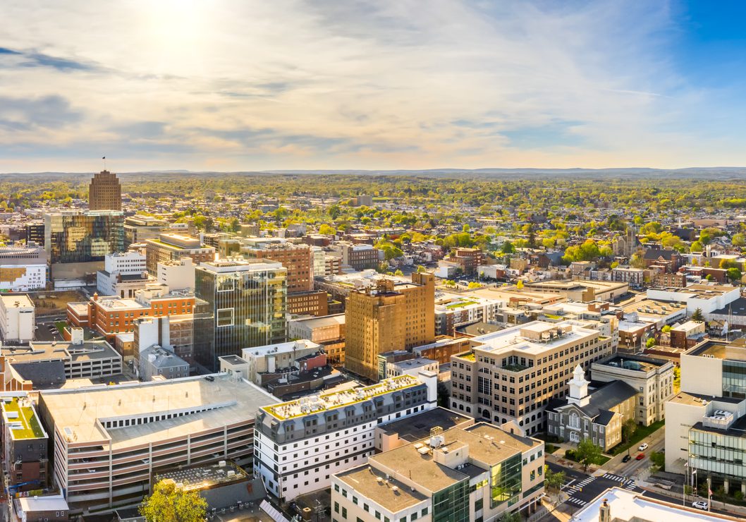 Aerial panorama of Allentown, Pennsylvania skyline on late sunny afternoon. Allentown is Pennsylvania's third most populous city.