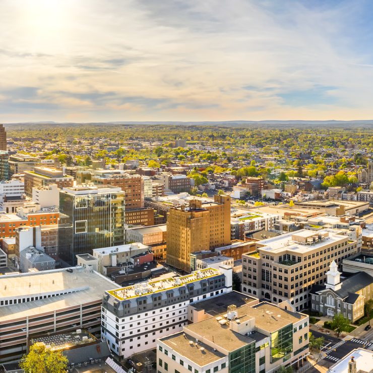 Aerial panorama of Allentown, Pennsylvania skyline on late sunny afternoon. Allentown is Pennsylvania's third most populous city.