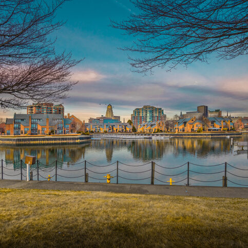 Buffalo New York Business District Day and Night A skyline view of buffalo new york