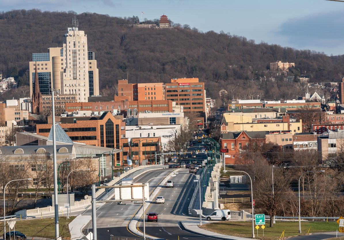 City of Reading, Berks County, Pennsylvania. View of Penn Street and the newly restored Penn Street Bridge