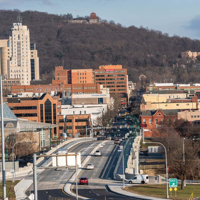 City of Reading, Berks County, Pennsylvania. View of Penn Street and the newly restored Penn Street Bridge