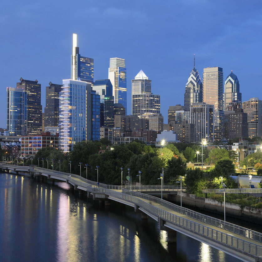 Philadelphia skyline reflected on Schuylkill River at dusk, Pennsylvania Philadelphia skyline reflected on Schuylkill River at dusk, Pennsylvania, USA