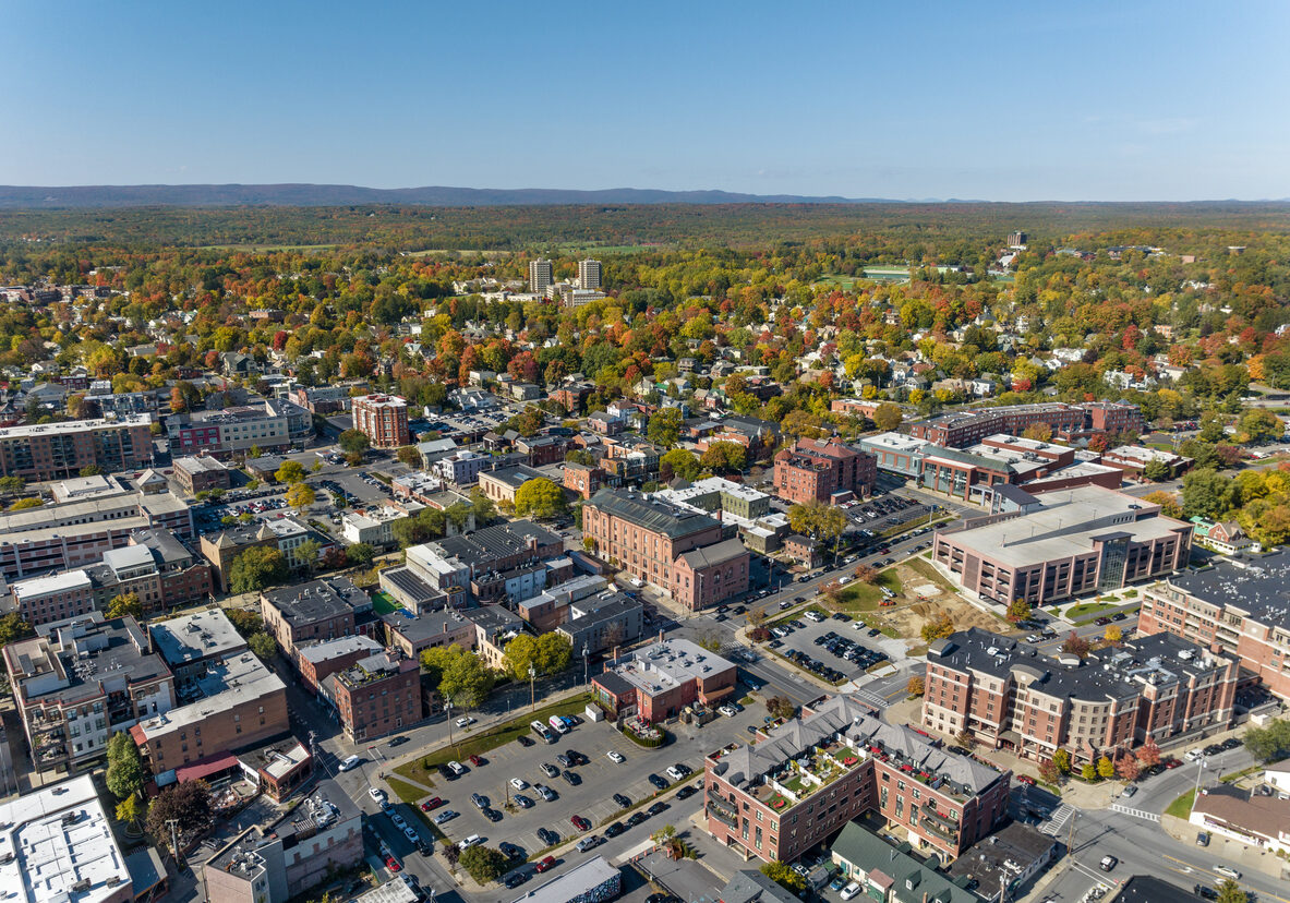 Early afternoon autumn aerial photo view of in Saratoga Springs New York
