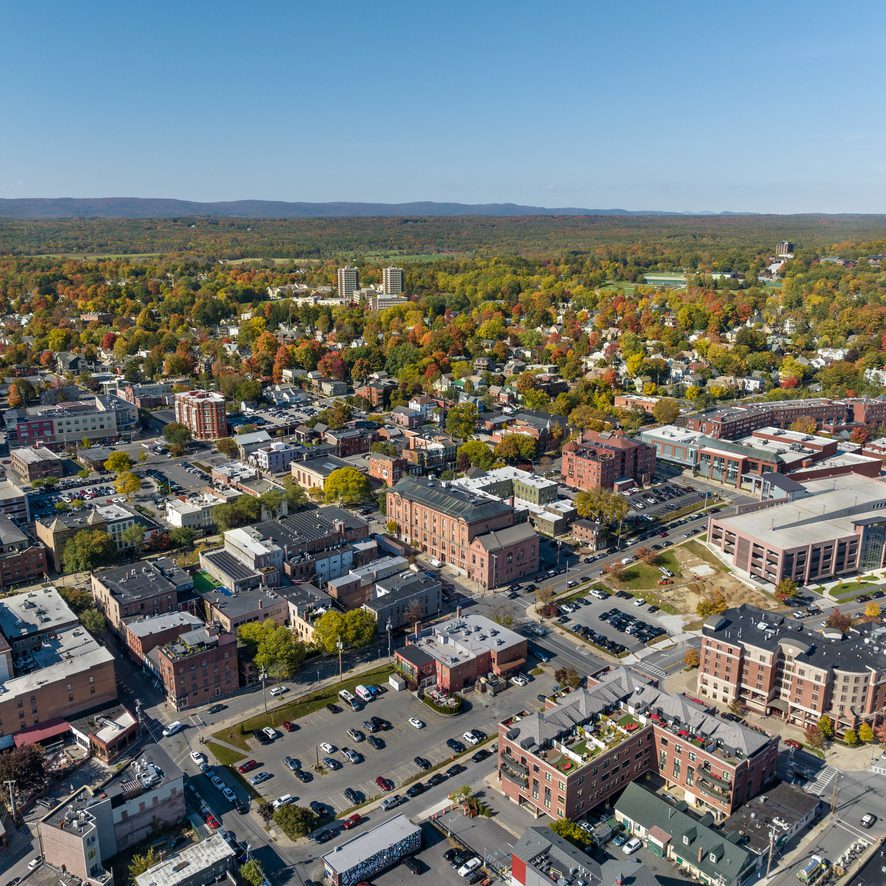 Early afternoon autumn aerial photo view of in Saratoga Springs New York