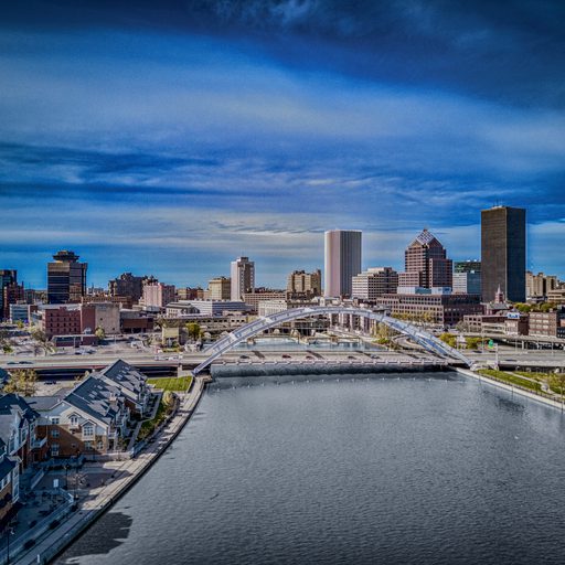 An aerial view of beautiful cityscape in Rochester, NY
